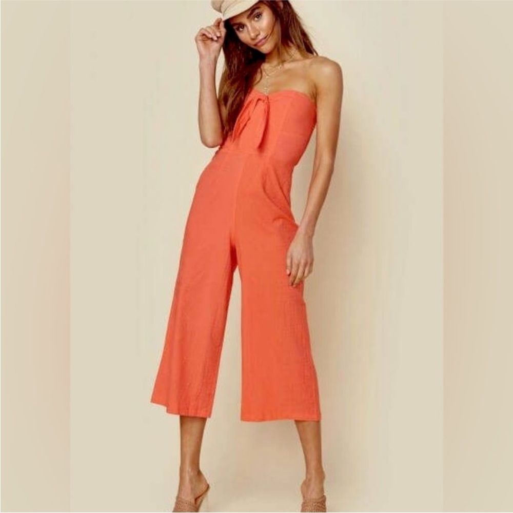 NEW MINKPINK Linen Strapless Coral Tie Front Cropped Wide Leg Jumpsuit XS